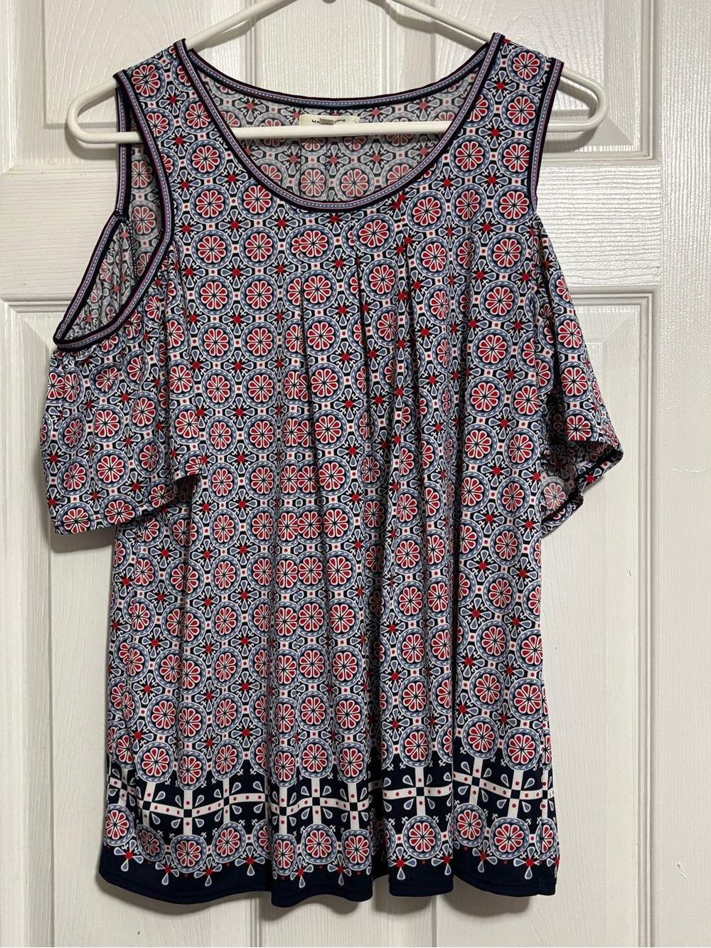 Max Studio Navy and Pink Cold-Shoulder Medallion Tunic Sz L EUC